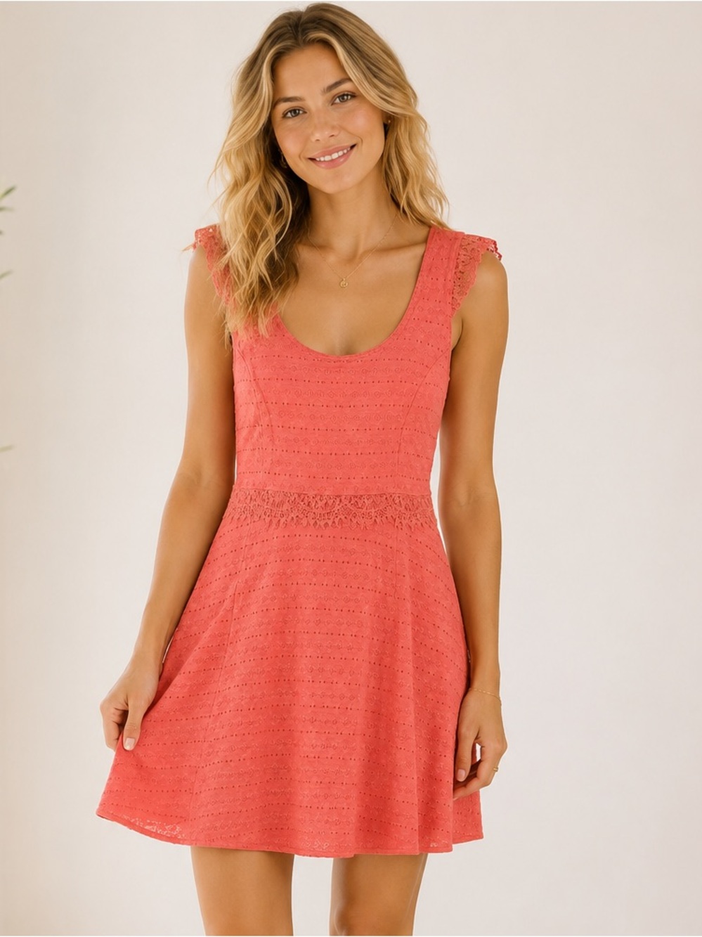 Free People Coral Pink Eyelet Lace Skater Dress Size M